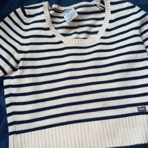 Vintage Chanel Cashmere Cropped Short Sleeve Striped Sweater Size 38 - Picture 2 of 3